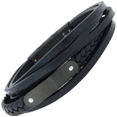 Armband 5-reihig Leder schwarz mit Edelstahl - 1